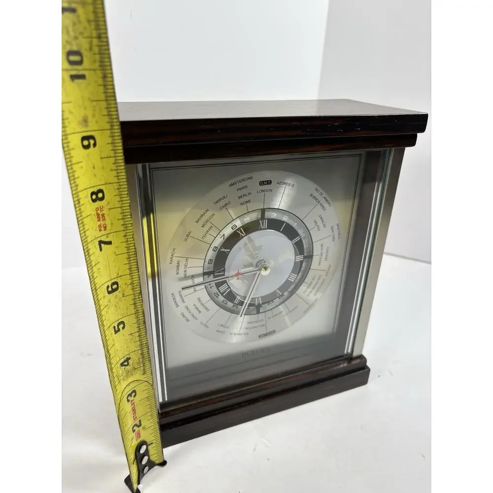 Bulova World Time Desk Clock Wood Case GMT Multiple Time Zone Clock B2258